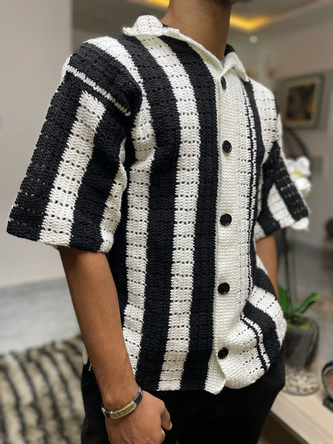 Black & White Striped Crochet Shirt