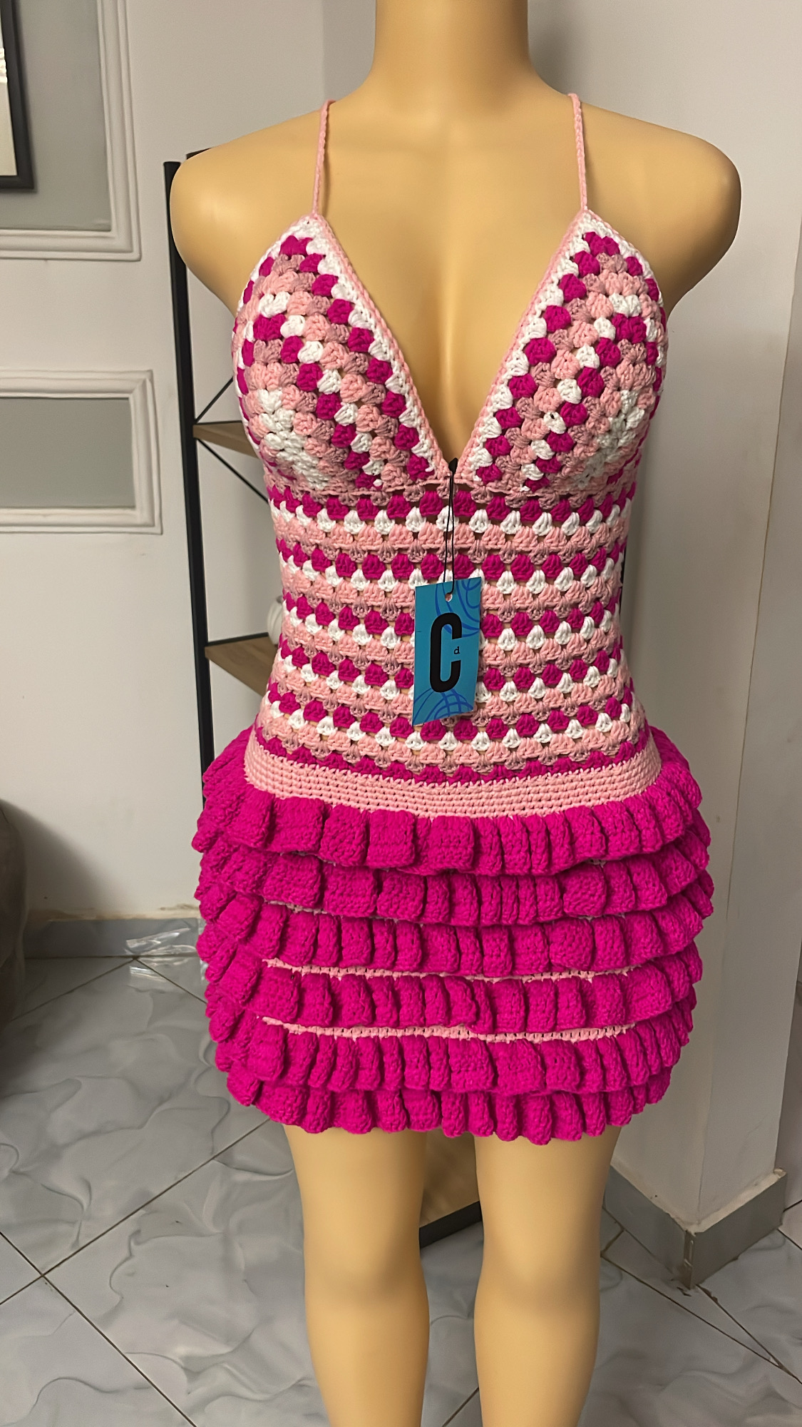 Pink Ruffle Crochet Mini Dress