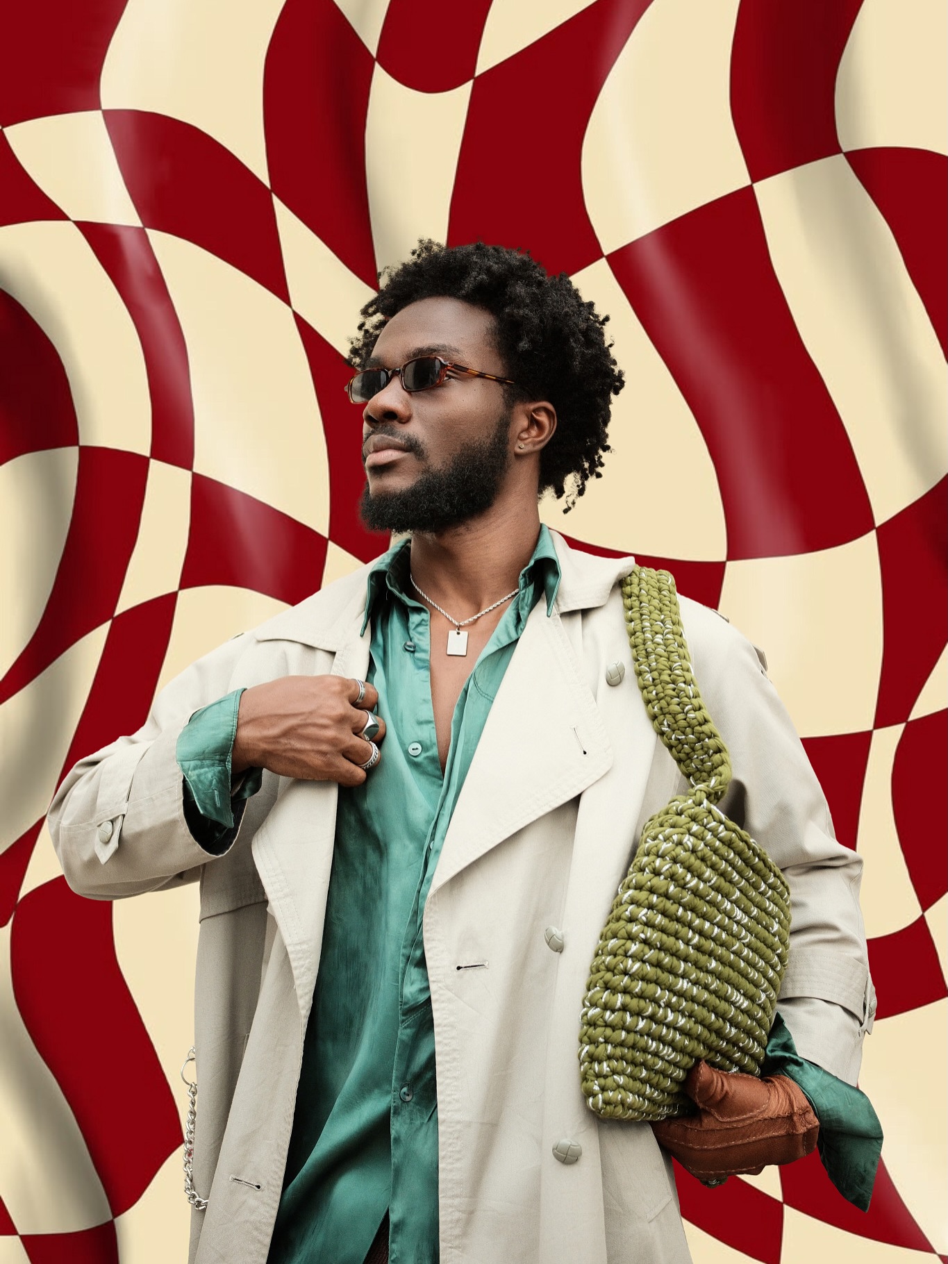 Model holding a chunky olive CELDI crochet tote