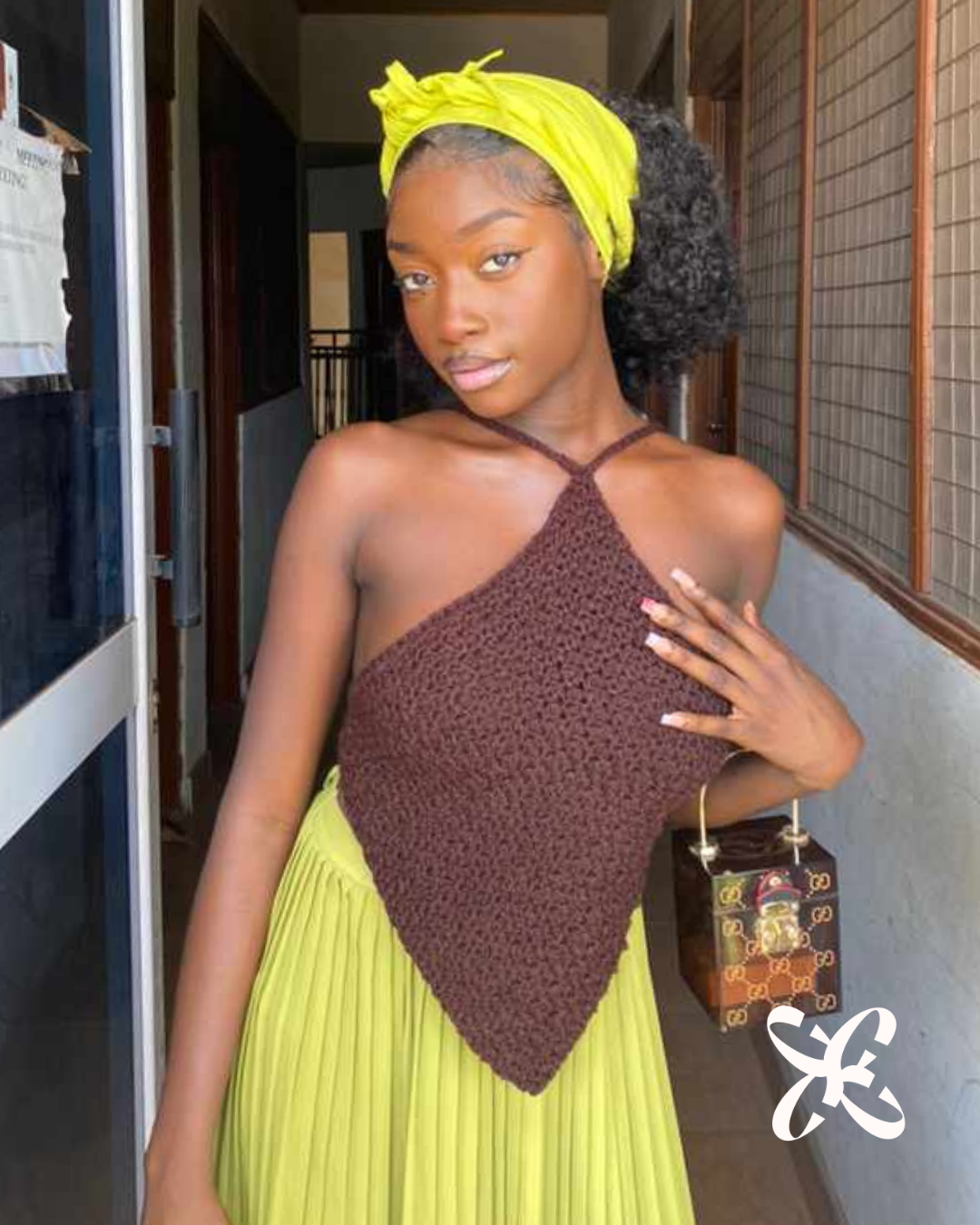 Chocolate Halter & Chartreuse Skirt